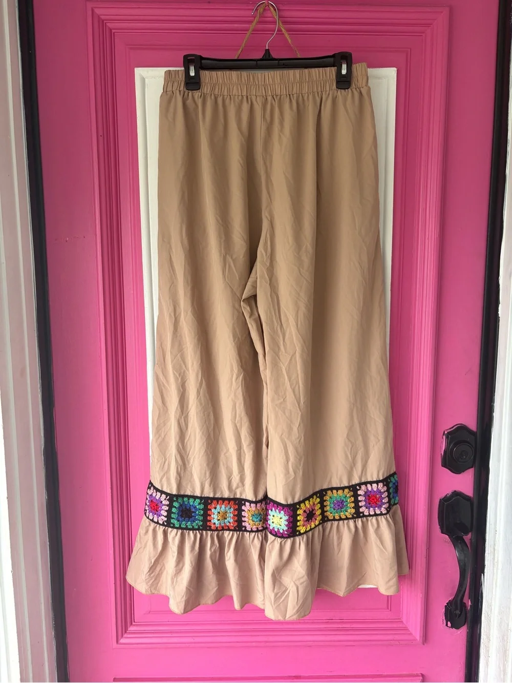 Taupe Cropped Pants with Black Multicolor Crochet Trim - Picture 6 of 7